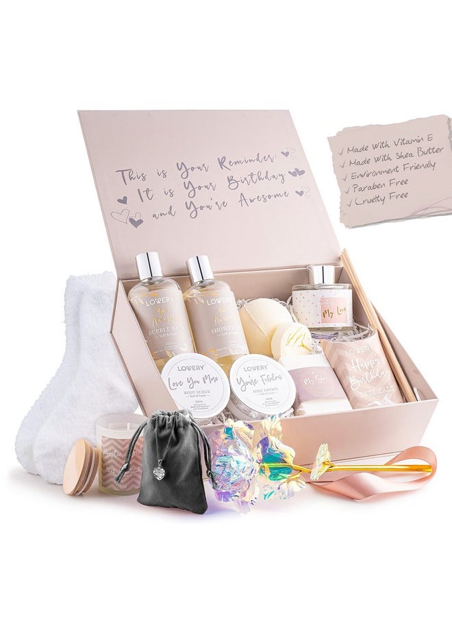 Birthday Gifts for Women, Birthday Spa Gift Basket for Women, Luxury Birthday Spa Gift Box with Vit E, Rich Bath Essentials, Diffuser, Candle, Sterling Silver CZ Heart Necklace, 24k Flower Rose & More