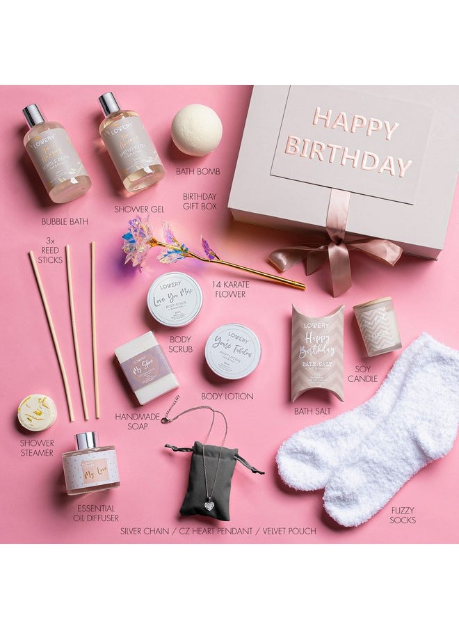 Birthday Gifts for Women, Birthday Spa Gift Basket for Women, Luxury Birthday Spa Gift Box with Vit E, Rich Bath Essentials, Diffuser, Candle, Sterling Silver CZ Heart Necklace, 24k Flower Rose & More