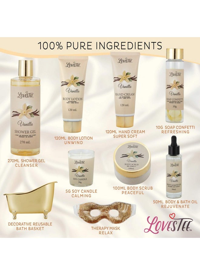 Spa Gift Basket for Women, Vanilla Bath & Body Set, Mother's Day, Christmas & Birthday Gift, Includes Shower Gel, Body Lotion, Hand Cream, Body Scrub, Message Oil, Candle, Eye Mask, Confetti