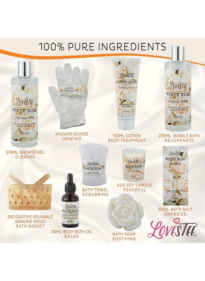 Christmas Bath & Body Spa Gift Basket for Women, Best Gift for Mother's Day & Birthday, White Rose Set Body Lotion, Shower Gel, Bubble Bath, Bath Salt, Towel, Soap, Oil, Candle, Gloves,