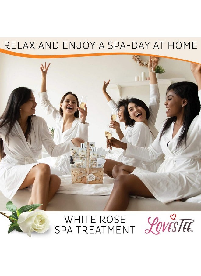Christmas Bath & Body Spa Gift Basket for Women, Best Gift for Mother's Day & Birthday, White Rose Set Body Lotion, Shower Gel, Bubble Bath, Bath Salt, Towel, Soap, Oil, Candle, Gloves,