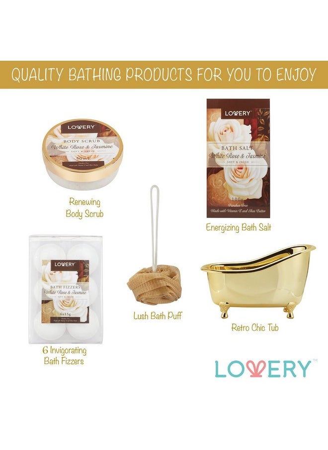 Valentines Day Gifts Home Spa Gift Basket, Luxury 13pc Bath & Body Set Men & Women, White Rose & Jasmine Scent - Shower Gel, Bubble Bath, Body Scrub, Salts, 6 Bath Bombs, Pouf, Cosmetic Bag & Gold Tub