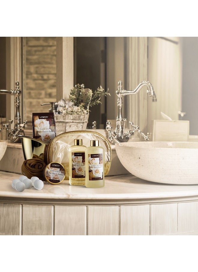Valentines Day Gifts Home Spa Gift Basket, Luxury 13pc Bath & Body Set Men & Women, White Rose & Jasmine Scent - Shower Gel, Bubble Bath, Body Scrub, Salts, 6 Bath Bombs, Pouf, Cosmetic Bag & Gold Tub