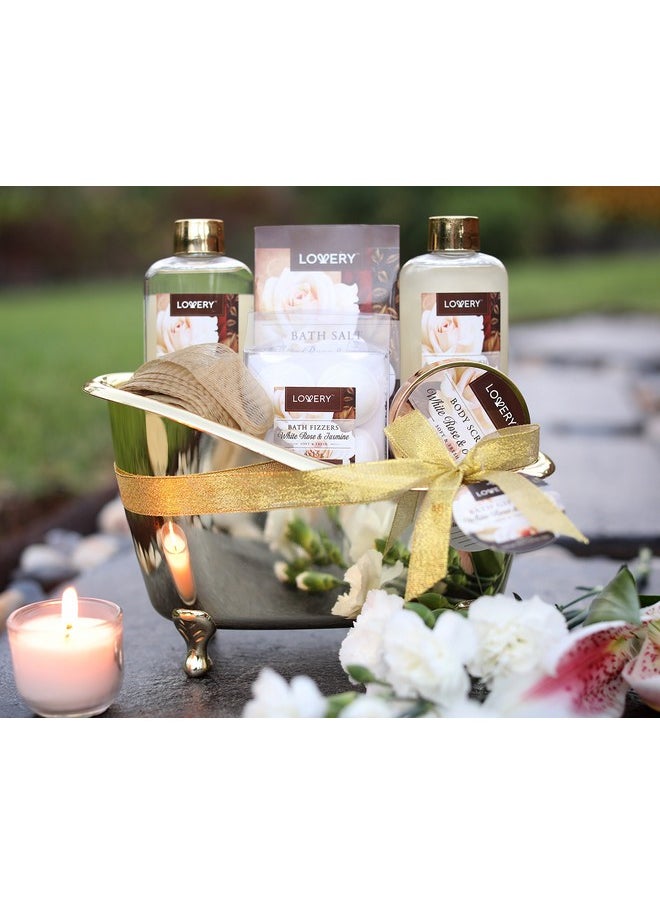Valentines Day Gifts Home Spa Gift Basket, Luxury 13pc Bath & Body Set Men & Women, White Rose & Jasmine Scent - Shower Gel, Bubble Bath, Body Scrub, Salts, 6 Bath Bombs, Pouf, Cosmetic Bag & Gold Tub