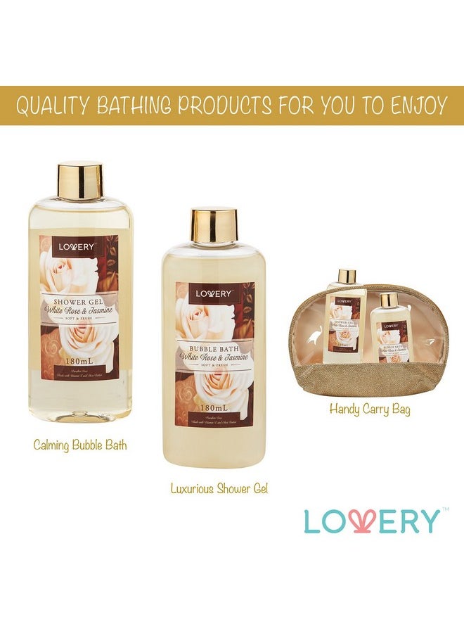 Valentines Day Gifts Home Spa Gift Basket, Luxury 13pc Bath & Body Set Men & Women, White Rose & Jasmine Scent - Shower Gel, Bubble Bath, Body Scrub, Salts, 6 Bath Bombs, Pouf, Cosmetic Bag & Gold Tub