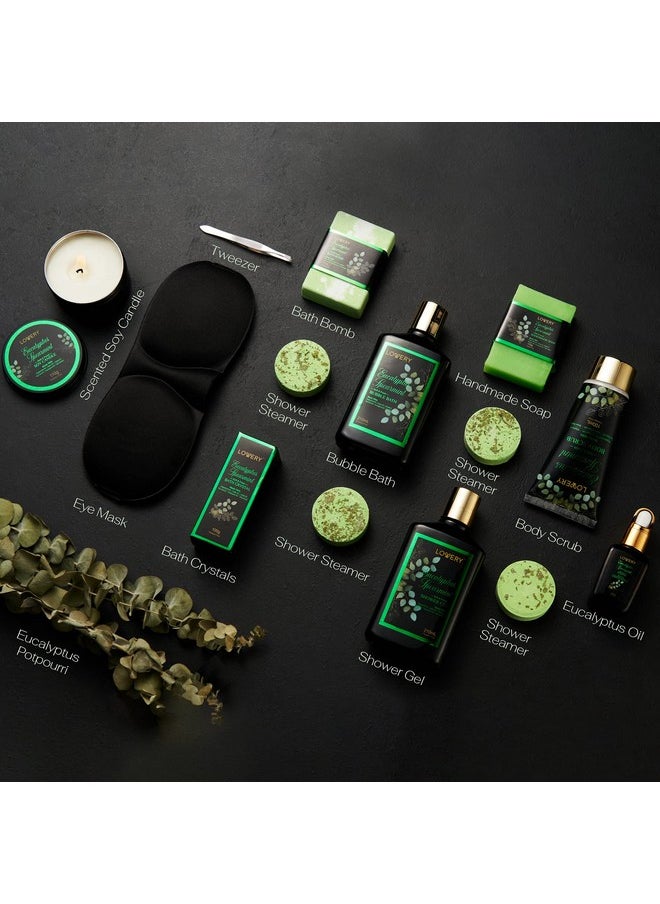 Christmas Eucalyptus Spearmint Bath Set, Home Spa Set with Natural Mint Fragrance, 17 Pcs Gift Basket, Eucalyptus Bath Oil, Shower Gel, Bubble Bath, Bath Crystal, Steamer Tablet & More, Birthday Gift