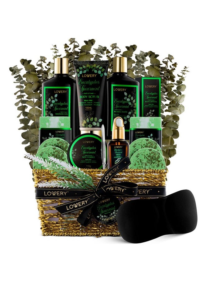 Christmas Eucalyptus Spearmint Bath Set, Home Spa Set with Natural Mint Fragrance, 17 Pcs Gift Basket, Eucalyptus Bath Oil, Shower Gel, Bubble Bath, Bath Crystal, Steamer Tablet & More, Birthday Gift