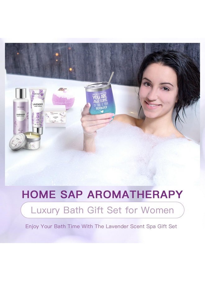 Gifts for Women, Birthday Gifts for Women Spa Gifts Baskets for Women Bubble Bath and Body Gifts Set for Women Lavender Gifts for Mom Her Female Sister Mother Teacher Wine Tumbler Purple Gifts