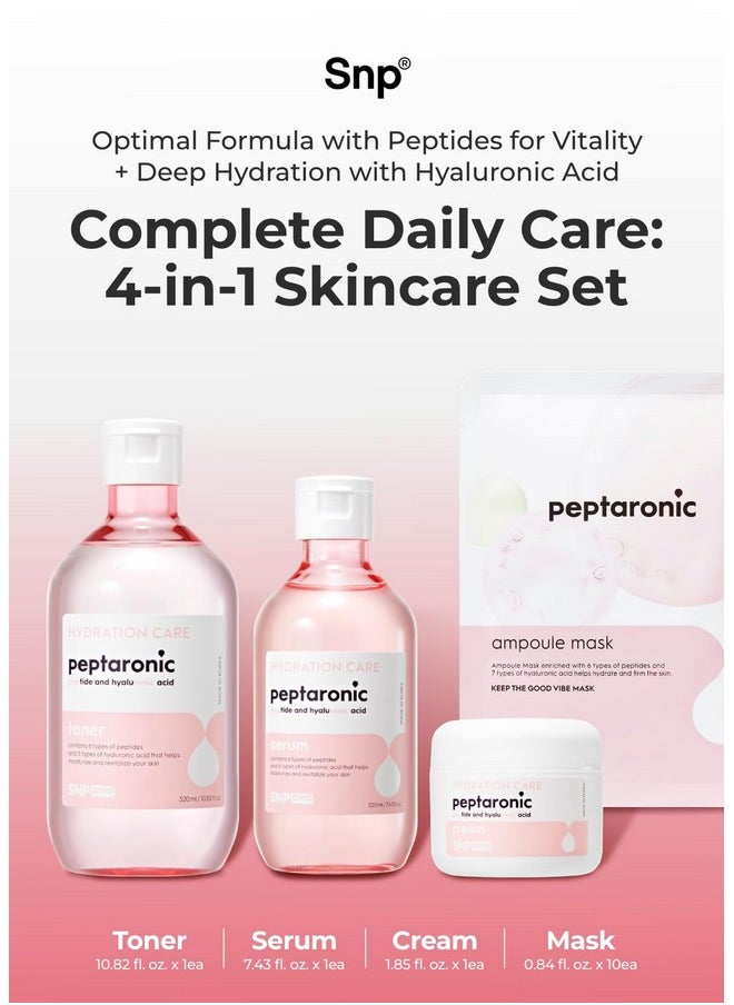 [K Beauty Snp] 4-in-1 Peptaronic Skincare Set | Peptide and Hyaluronic Acid Complete Skin Care Set | Includes Facial Toner, Cream, Face Serum, and Ampoule Sheet Face Masks | Skin Care Gift Set of 1