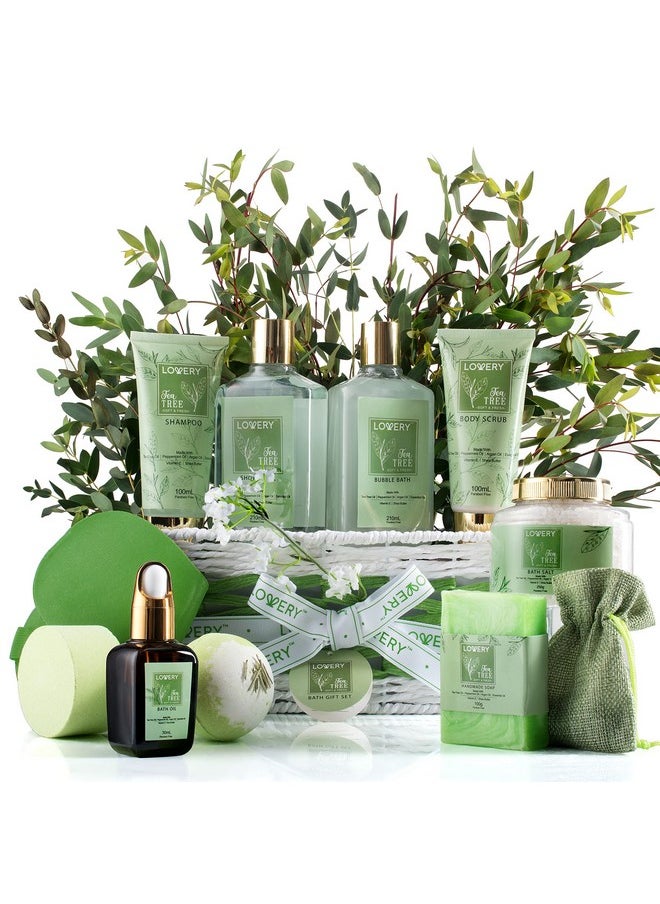 Christmas Tea Tree Bath Set - Luxury Home Spa Set with Calming Mint Fragrance - 15 pc Relaxation Gift Basket, Tea Tree Bath Oil,Shower Gel, Bubble Bath, Handmade Soap, Steamer Tablet, Potpourri & More