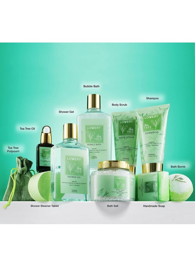 Christmas Tea Tree Bath Set - Luxury Home Spa Set with Calming Mint Fragrance - 15 pc Relaxation Gift Basket, Tea Tree Bath Oil,Shower Gel, Bubble Bath, Handmade Soap, Steamer Tablet, Potpourri & More