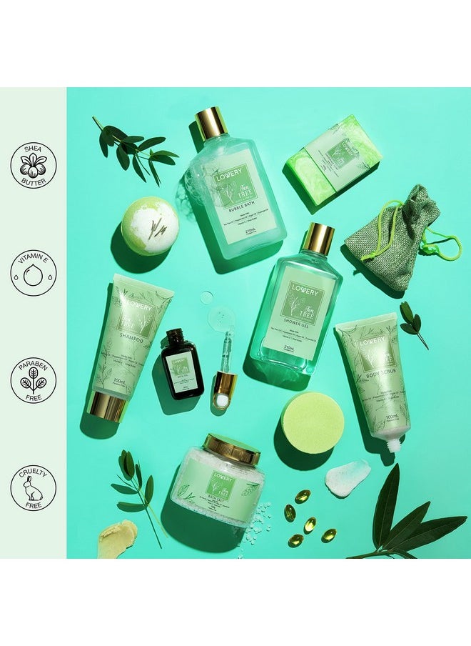 Christmas Tea Tree Bath Set - Luxury Home Spa Set with Calming Mint Fragrance - 15 pc Relaxation Gift Basket, Tea Tree Bath Oil,Shower Gel, Bubble Bath, Handmade Soap, Steamer Tablet, Potpourri & More