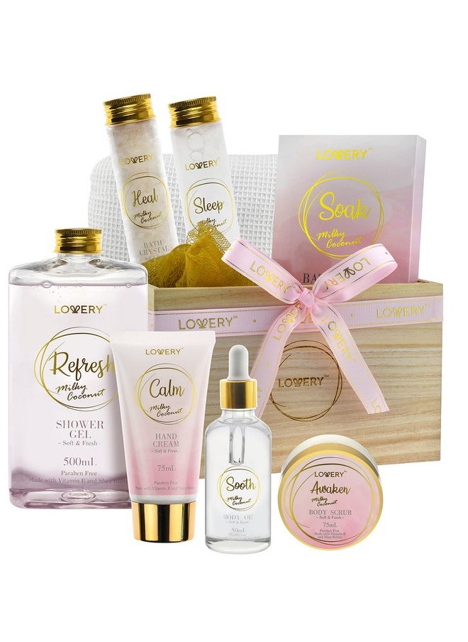 Christmas Gift Set - Home Spa Gift Basket with Milky Coconut Scent, Vitamin E & Shea Butter with Shower Gel, Bath Salt & Crystals, Body Scrub, Hand Cream, Body Oil, Bath Pillow, Wooden Crate & More