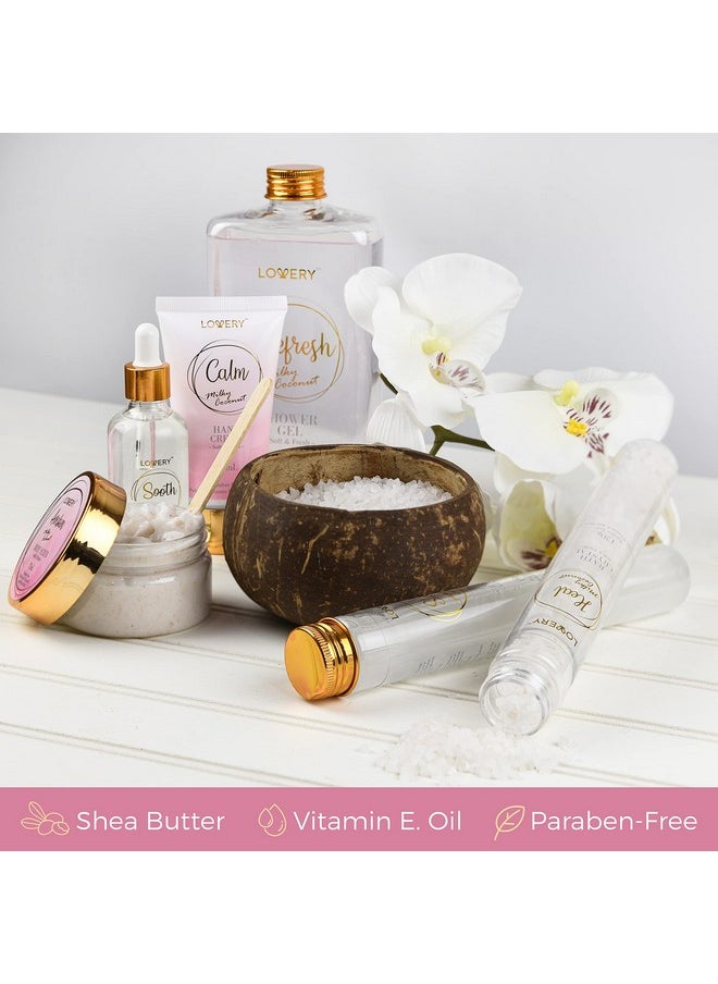 Christmas Gift Set - Home Spa Gift Basket with Milky Coconut Scent, Vitamin E & Shea Butter with Shower Gel, Bath Salt & Crystals, Body Scrub, Hand Cream, Body Oil, Bath Pillow, Wooden Crate & More