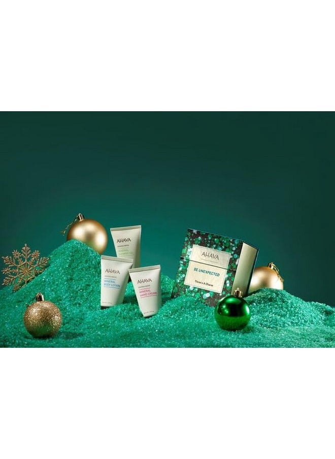 AHAVA Three’s A Charm Gift Set - Includes Mineral Body Lotion, Mineral Hand Cream & Mineral Shower Gel, Enriched with Exclusive Dead Sea Mineral Blend Osmoter, 3 x 1.3 Fl.Oz