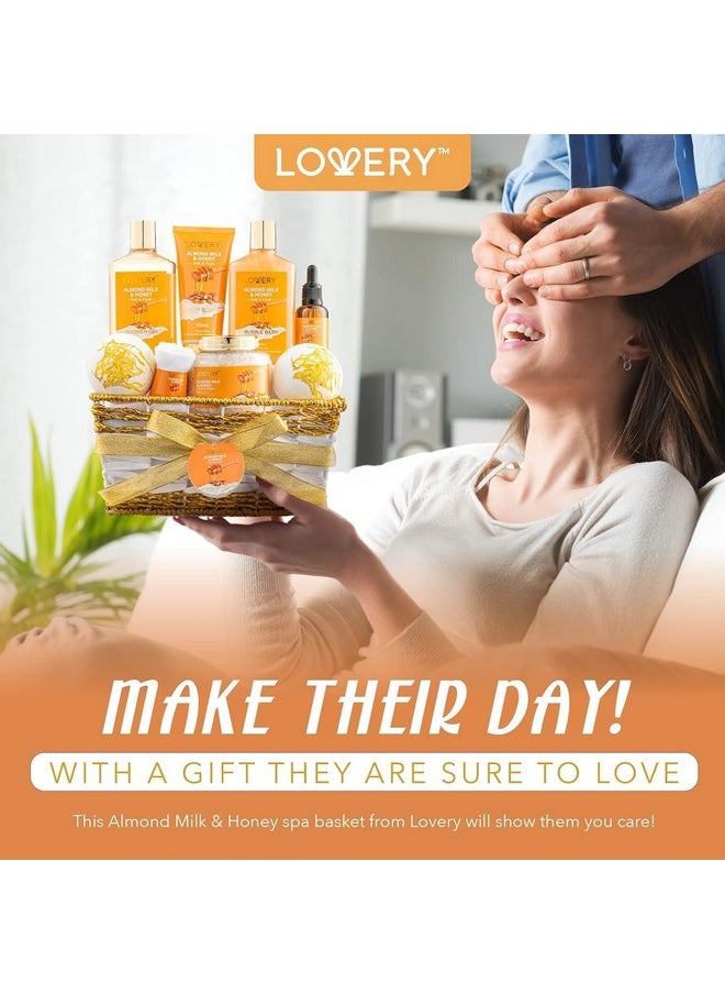 Gift Basket for Women - 10 Pc Almond Milk & Honey Beauty & Personal Care Set - Home Bath Pampering Package for Relaxing - Spa Self Care Kit - Thank You, Birthday, Mom, Anniversary Gift