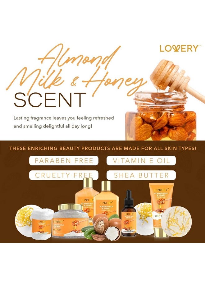 Gift Basket for Women - 10 Pc Almond Milk & Honey Beauty & Personal Care Set - Home Bath Pampering Package for Relaxing - Spa Self Care Kit - Thank You, Birthday, Mom, Anniversary Gift