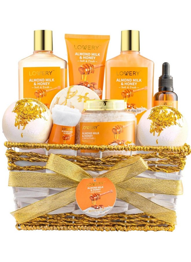 Gift Basket for Women - 10 Pc Almond Milk & Honey Beauty & Personal Care Set - Home Bath Pampering Package for Relaxing - Spa Self Care Kit - Thank You, Birthday, Mom, Anniversary Gift