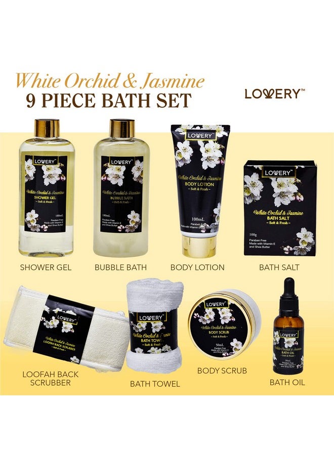 Valentines Day Gifts for Mom, Bath and Body Gift Basket for Women and Men - Orchid & Jasmine Home Spa Set With Body Scrubs, Lotions, Oils, Gels and More - Care Package for Women & Men - 9 Piece Set