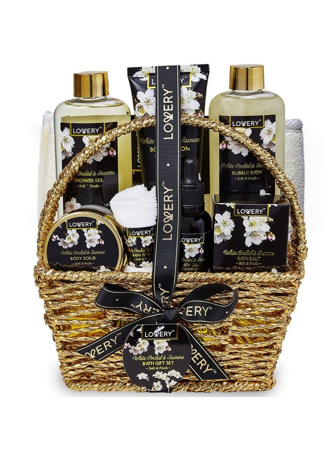 Valentines Day Gifts for Mom, Bath and Body Gift Basket for Women and Men - Orchid & Jasmine Home Spa Set With Body Scrubs, Lotions, Oils, Gels and More - Care Package for Women & Men - 9 Piece Set