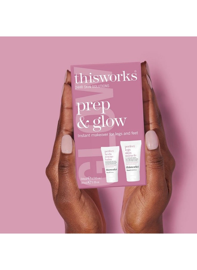 THISWORKS Prep and Glow Gift Set - Travel Size Kit with Perfect Legs Skin Miracle and Perfect Heels Rescue Balm Foot Cream - Nourishing & Hydrating Bodycare Duo
