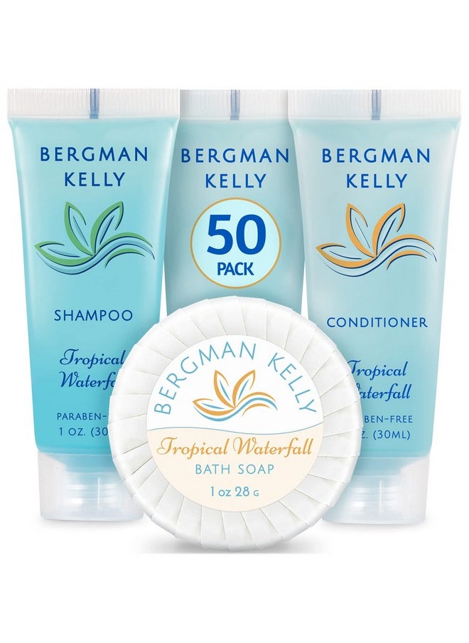 BERGMAN KELLY Round Hotel Soap Bars, Shampoo & Conditioner 3-Piece Set (1 oz each, 150 pc total, Tropical Waterfall), Delight Your Guests with Refreshing Bulk Travel Size Hotel Toiletries