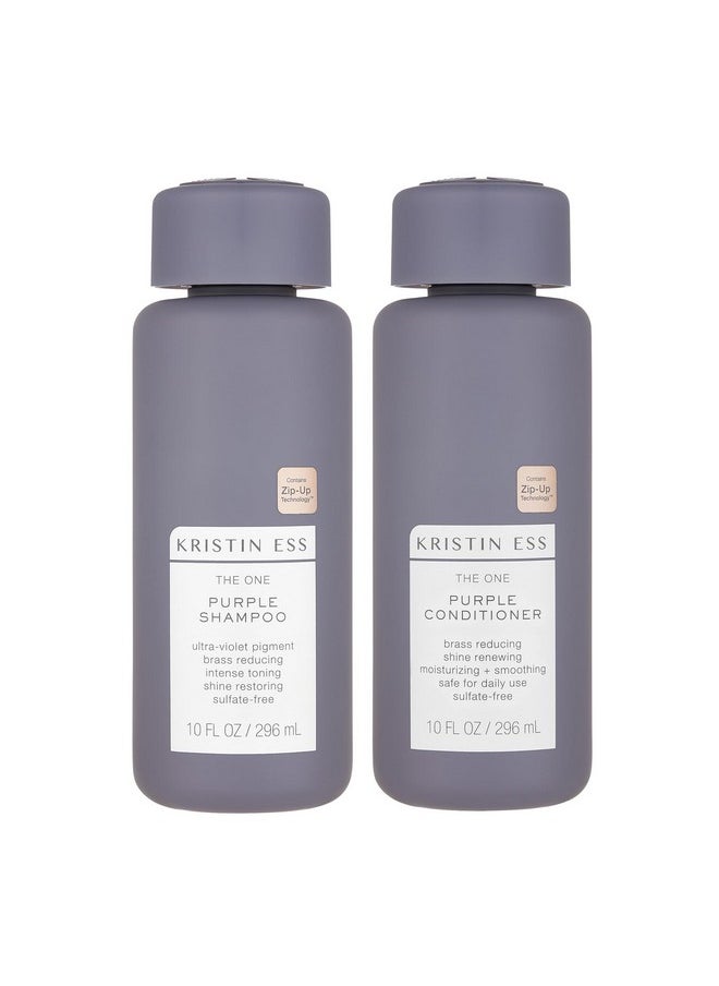 Kristin Ess Hair Purple Shampoo and Conditioner Set for Blonde, Brunette, Silver + Gray Hair, Anti Brass + Yellow Tones, Safe for Color Treated Hair, Sulfate Free Toning Shampoo Conditioner