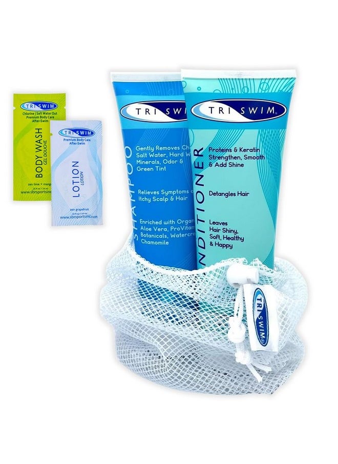 TRISWIM Hair Care Gift Set | Chlorine Shampoo and Conditioner for Swimmers, 8.5 fl oz | Paraben-Free with Aloe Vera and Chamomile | Restores Chlorine-Damaged Hair | Includes Body wash & Lotion Samples