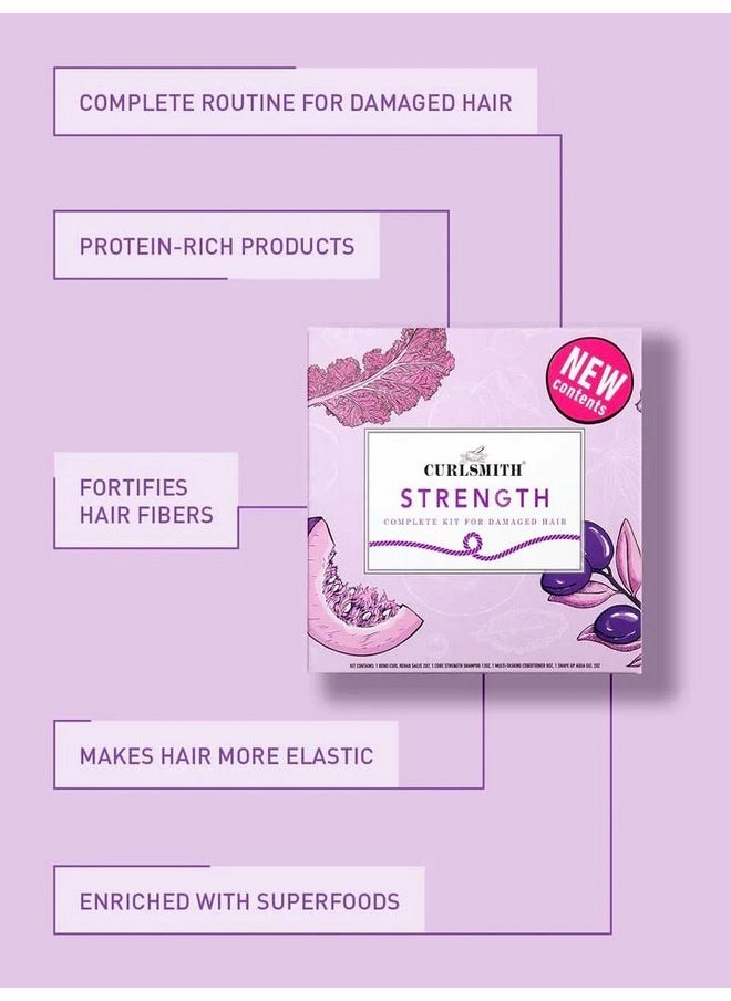 Curlsmith - Strength Complete Kit for Damaged Hair, with Core Strength Shampoo, Multi-Tasking Conditioner, Bond Curl & Shape Up Aqua Gel