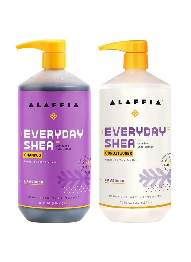 Alaffia EveryDay Shea Shampoo and Conditioner - Normal to Very Dry Hair, Cleans and Protects, Supports Balance pH for Luxurious Locks with Shea Butter and Coconut Oil, Lavender, 32 Oz Each