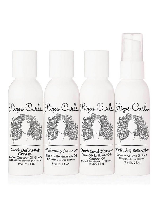 Rizos Curls 4-Step Travel Kit for Curly Hair: Curl Defining Cream, Shampoo, Conditioner, Refresh & Detangle (2 fl oz each)
