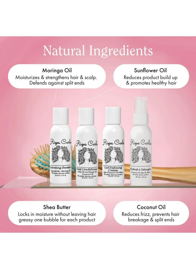 Rizos Curls 4-Step Travel Kit for Curly Hair: Curl Defining Cream, Shampoo, Conditioner, Refresh & Detangle (2 fl oz each)