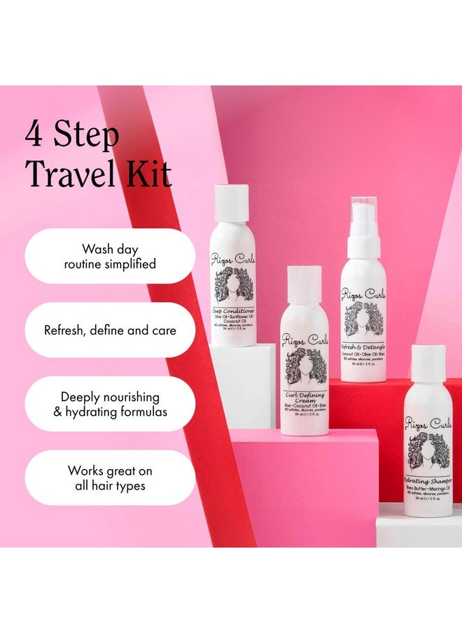 Rizos Curls 4-Step Travel Kit for Curly Hair: Curl Defining Cream, Shampoo, Conditioner, Refresh & Detangle (2 fl oz each)