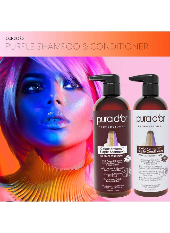 PURA D'OR Purple Shampoo & Conditioner (16oz x 2) ColorHarmony Biotin Set For Bleached, Blonde, Silver & Color Treated Hair - Keratin, Bamboo Fiber, No Sulfates - Men & Women