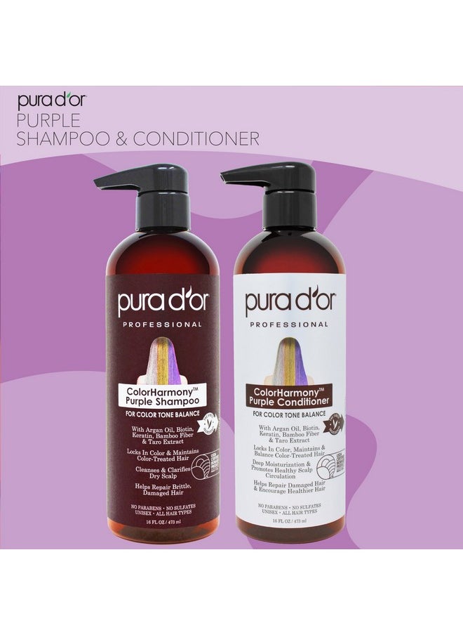 PURA D'OR Purple Shampoo & Conditioner (16oz x 2) ColorHarmony Biotin Set For Bleached, Blonde, Silver & Color Treated Hair - Keratin, Bamboo Fiber, No Sulfates - Men & Women