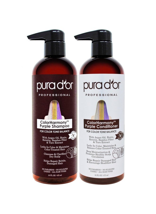 PURA D'OR Purple Shampoo & Conditioner (16oz x 2) ColorHarmony Biotin Set For Bleached, Blonde, Silver & Color Treated Hair - Keratin, Bamboo Fiber, No Sulfates - Men & Women