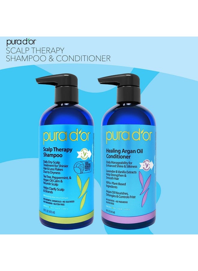 PURA D'OR Scalp Therapy Shampoo & Conditioner Set (16oz x 2) Dry, Itchy Scalp-Hydrates & Nourishes Hair w/Tea Tree, Peppermint, Argan Oil & Biotin, All Hair Type, 3 in 1, Men Women (Packaging Varies)