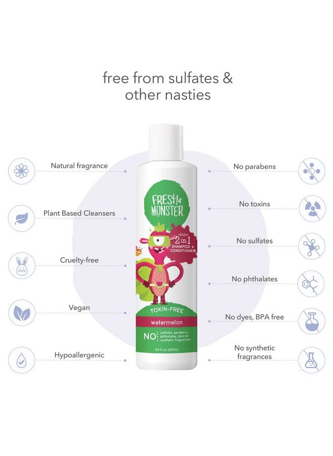 Fresh Monster 2-in-1 Kids Shampoo & Conditioner, Toxin-Free, Hypoallergenic, Tear-free Shampoo & Conditioner for Kids, Watermelon (2 Pack, 8.5oz/each)