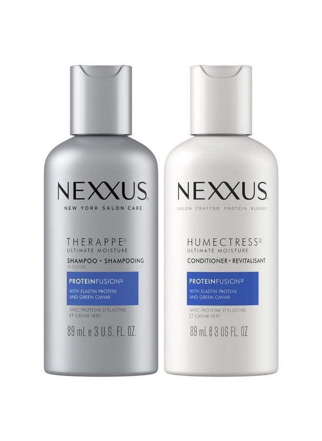 Nexxus Therappe Shampoo and Humectress Conditioner, Travel-Size - Ultimate Moisture for Dry Hair with Elastin Protein and Green Caviar, 3 Oz Ea