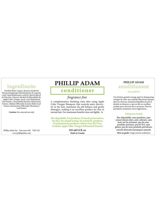 Phillip Adam Fragrance Free Shampoo and Conditioner Set with Apple Cider Vinegar - pH Balancing - Enhance Shine and Smoothness- 12 Ounce Each