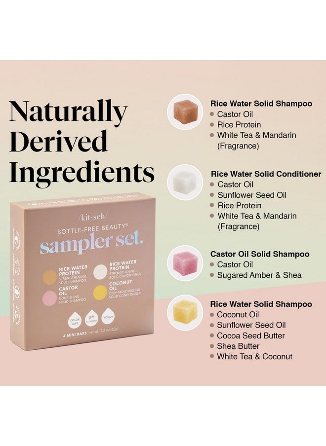 Kitsch 4pc Sampler Solid Shampoo and Conditioner Bar Set - Rice Bar Shampoo and Conditioner Bar, Growth, Castor Oil Shampoo Bar & Coconut Oil Deep-Moisturizing Hair Conditioner Bar, Zero Waste