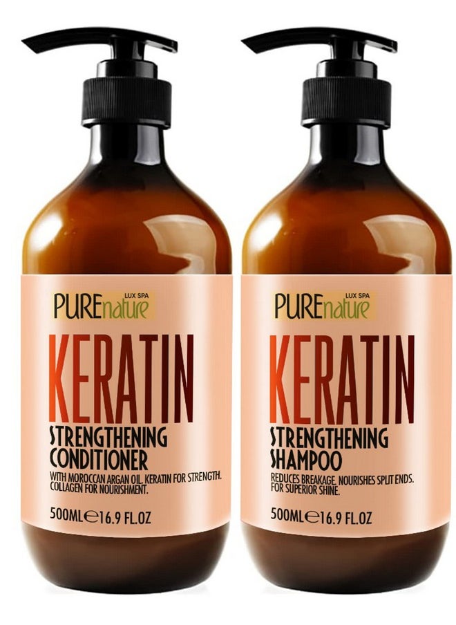Keratin Shampoo and Conditioner Set - Sulfate and Paraben Free Treatment for Dry Hair - Anti Frizz, Collagen Enriched Formula for Curly or Damaged Hair - Safe for Men and Women with Color Treated Hair