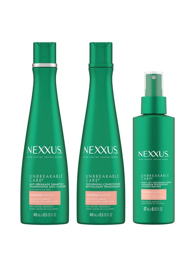 Nexxus Unbreakable Care Shampoo, Conditioner, and Leave-In Spray 3 Pack For Fine and Thin Hair with Keratin, Collagen, Biotin