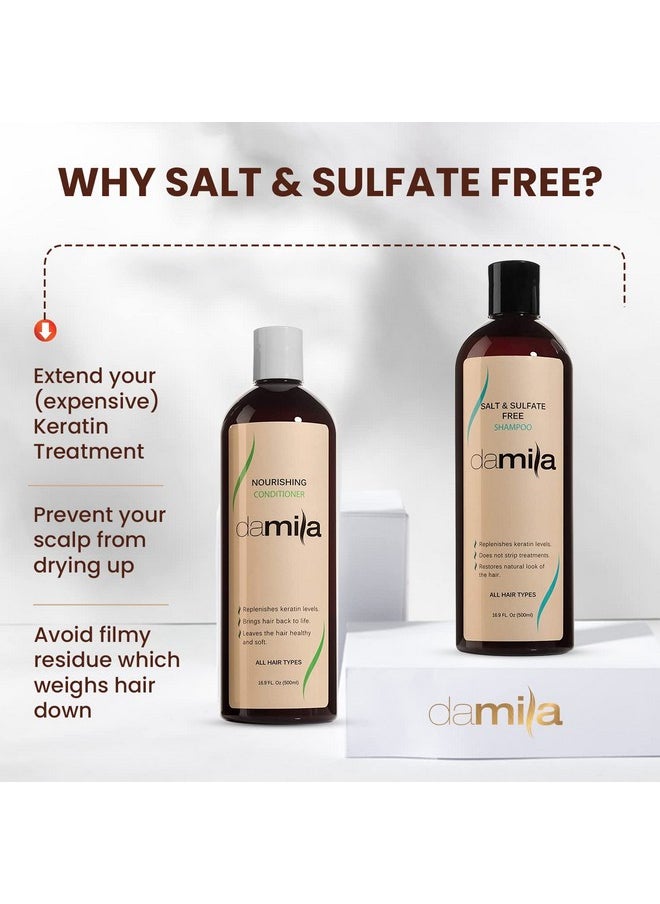 Damila Salt & Sulfate Free Shampoo & Conditioner for Keratin and Color Treated Hair - Professional Keratin Value Pack for Damaged, Frizzy, Curly, Dry & Thin Hair - Shampoo Sin Sal - 16.9 Fl Oz