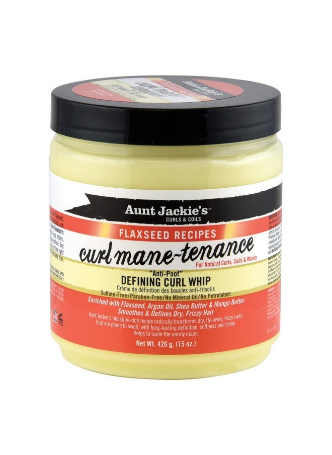 Aunt Jackie's Flaxseed Recipes Curl Mane-tenance, Lightwieght Anti-Poof Defining Curl Whip, Enriched with Flaxseed, Argan Oil and Shea Butter, Great for Dry and Frizzy Hair, 15 Oz Jar, Orange