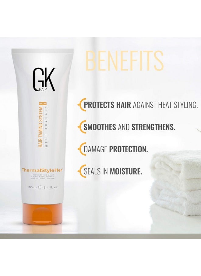 GK HAIR Global Keratin ThermalStyleHer Hair Cream (3.4 Fl Oz/100ml) - Thermal Styling Blow Dry Heat Protectant Cream - Anti Frizz Damage Protection Styling Cream for All Hair Types