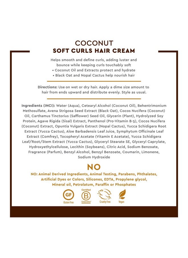 Desert Essence Coconut Soft Curls Hair Cream - Plant-Based Curl Cream for Curly Hair - Silicone-Free - Hydrating with Coconut Oil, Black Oat Extract - Vegan, Gluten-Free, Cruelty-Free, 6.4 oz