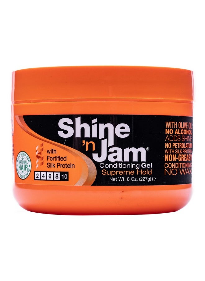 AMPRO Shine-n-Jam Supreme Hold - Conditions Hair with Olive Oil and Silk Protein - Great for Smoothing Fringe, Ponytails, and Up-dos - Firms Tresses with Non-Greasy Shine - 8 oz