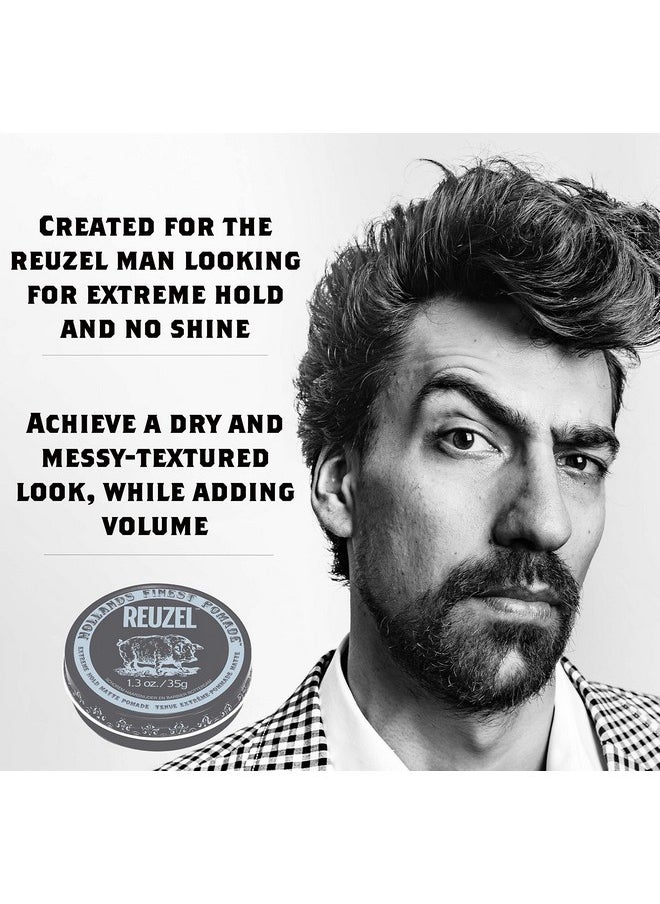 REUZEL Extreme Hold Matte Pomade, Strongest All Day Hold, Water Soluble Styling, No Shine & Flake Free, Easy To Wash Out, For and Hairstyles, 1.3 oz