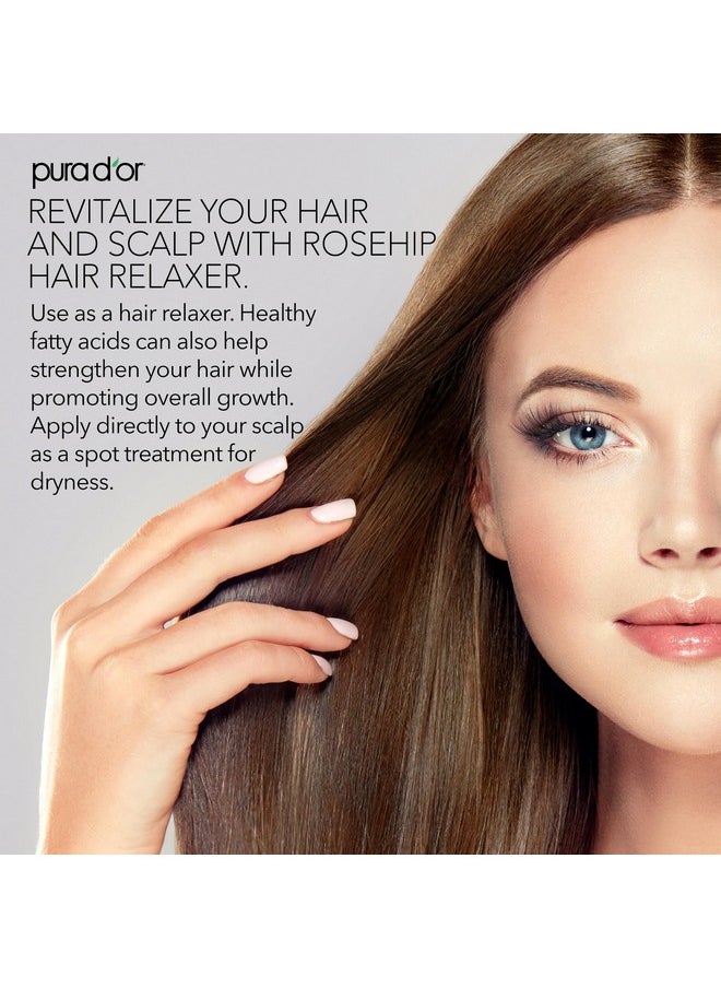 PURA D'OR 4 Oz ORGANIC Rosehip Seed Oil Hair Relaxer 100% Pure Cold Pressed USDA Certified All Natural For Anti-Aging, Scar Treatment, Face, Hair Relaxer & Skin Moisturizer - Women & Men